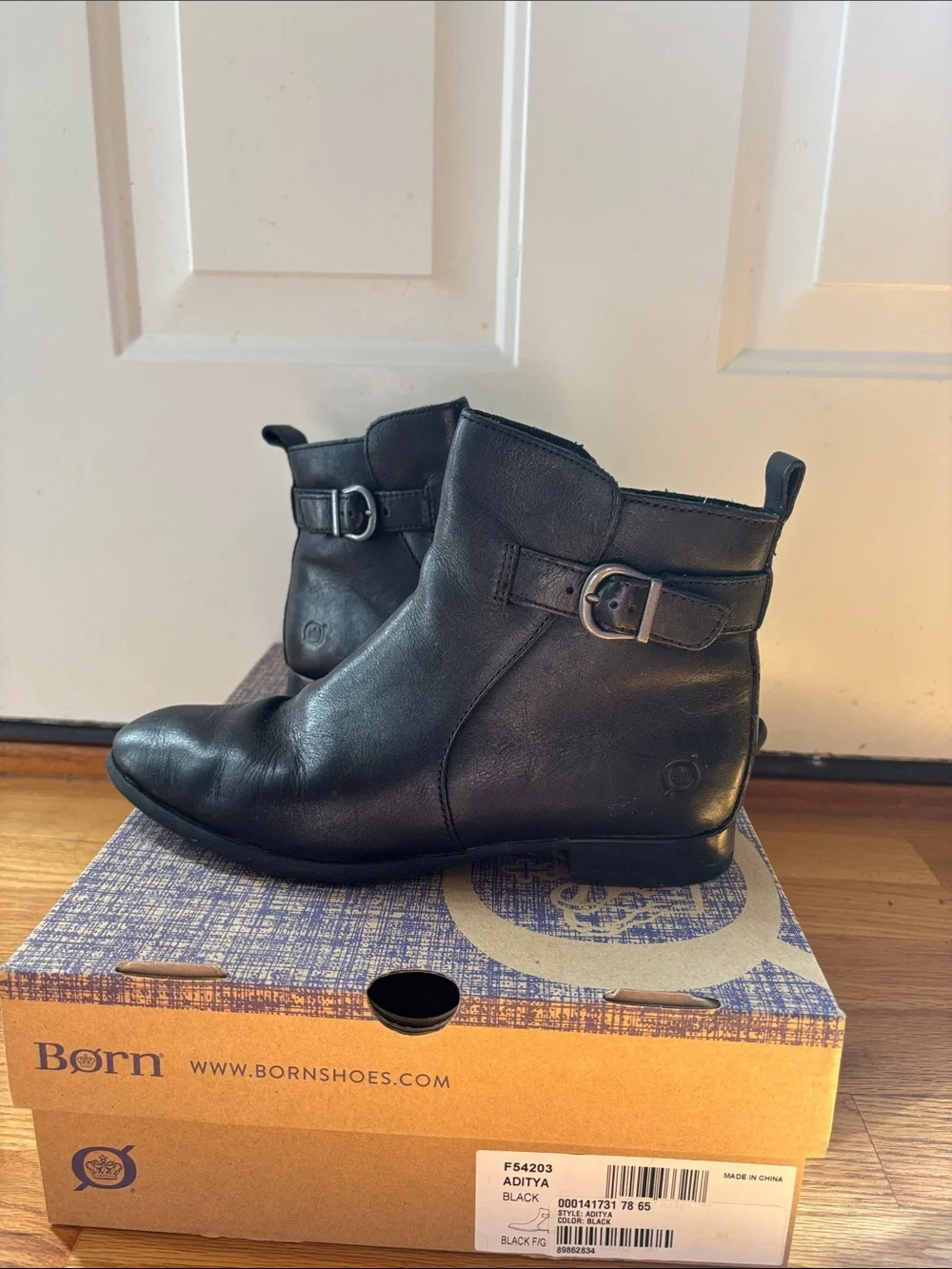 Born Black Leather Side-Zip Ankle Booties with Plaid Lining